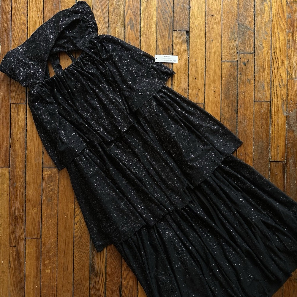 NWT For Love and Lemons Black Sparkle Juni Ruffle‎ Strapless Maxi Dress Women S